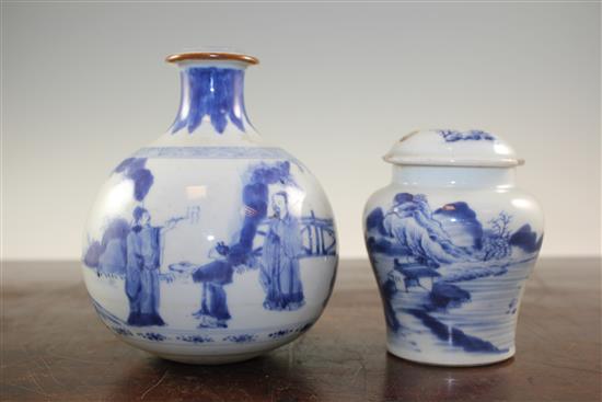 A Chinese blue and white huqqa base and a similar opium pipe base, Kangxi period, 12cm., rim chips